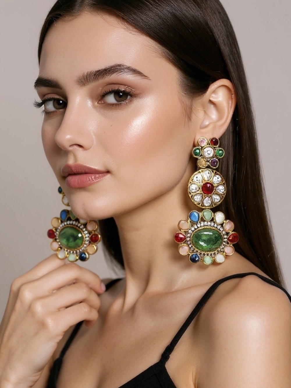 Multicolor Kundan Drop Earrings with Green Stone - Women Jewelry